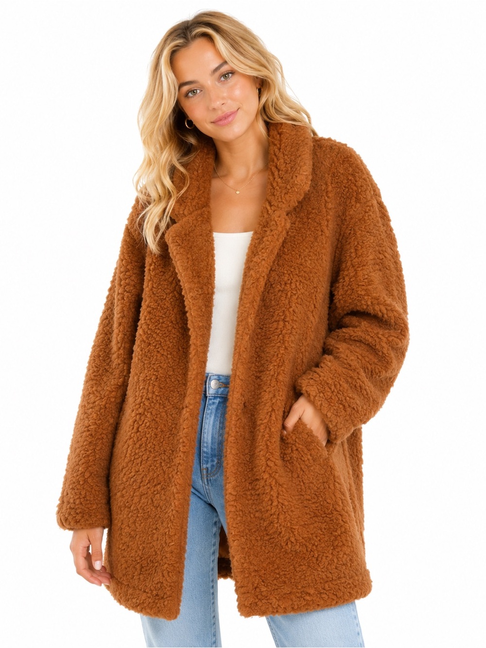 Love Tree Size Large Cozy Faux-Sherpa Teddy Coat in Camel